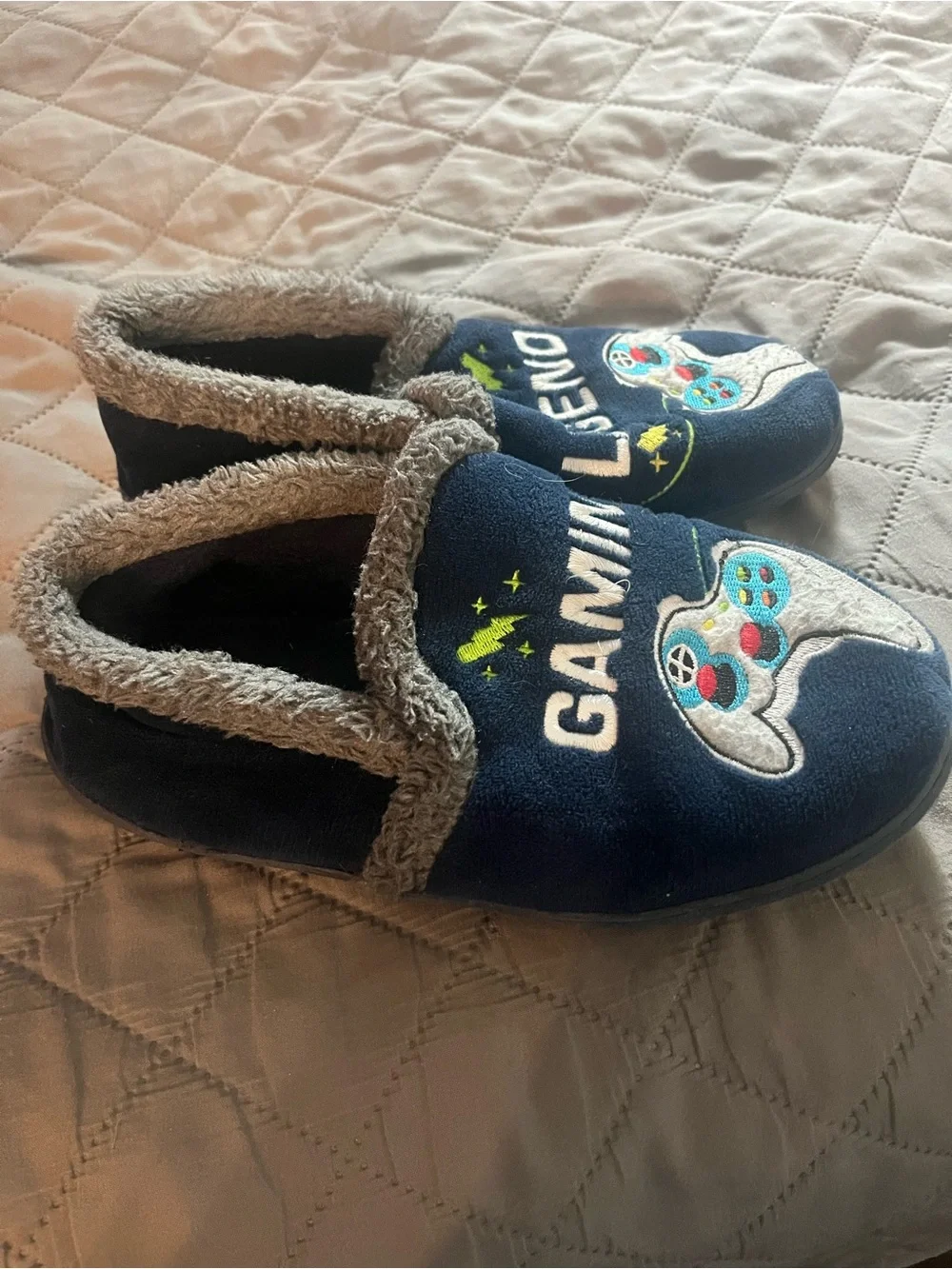 wonder nation Navy 'Gaming Legend' Kids Slippers with Gray Faux Fur Trim